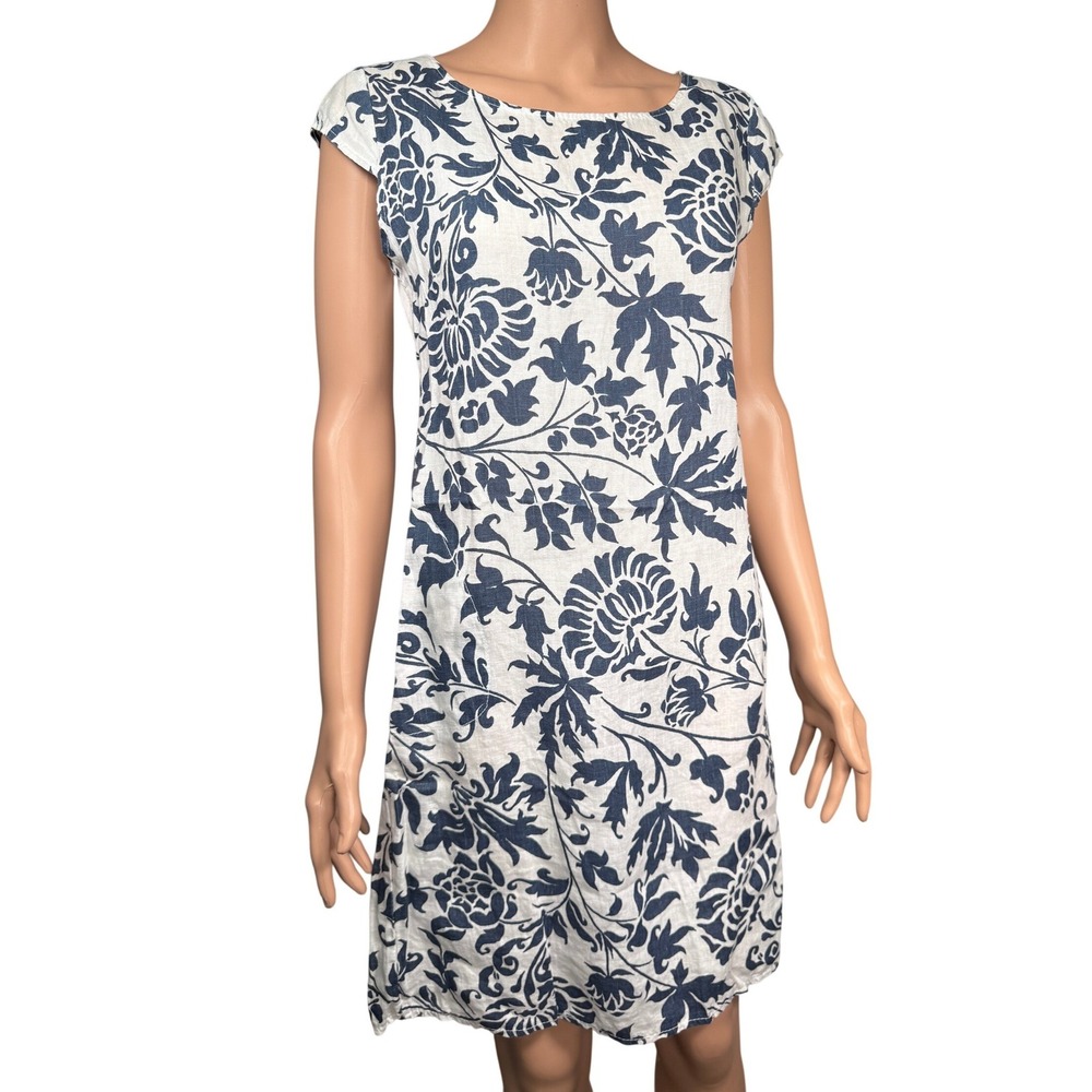 Lina Tomei Italy Linen Floral Damask Shift Dress Blue White Pockets Size M